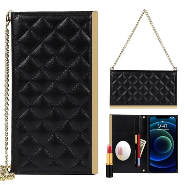 iPhone 14 Luksuriøst Crossbody Telefondeksel - Reversibel Lommebok med Avtakbar Stropp Speil Sort