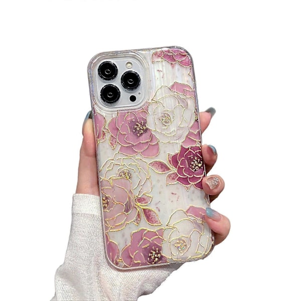 iPhone 15 Pro Max PC+TPU -puhelinkotelo, jossa on kimaltavaa jauhekoristelua ja pionikuvio