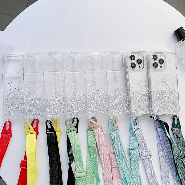 iPhone 13 mini -puhelimen läpinäkyvä glitter-epoksikuori kaulanauhalla
