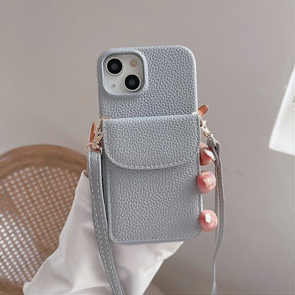 Crossbody Mobilskal för iPhone 15, Kortfodral PU Läderbelagd PC-skal med Axelrem