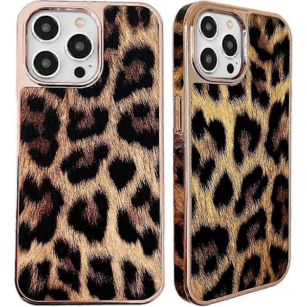 Lyxigt Leopardmönstrat Mobilskal för iPhone 15 Pro Max, Mode Pläterad Lädersida Ramdesign Stötsäkra Skyddsfodral Kvinnor för Apple 15 P