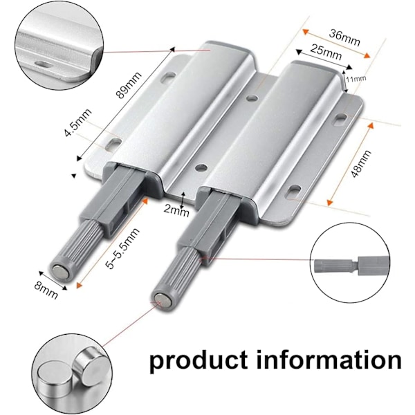 4 stk. Tryk-døråbner Magnetisk Hasp, Magnetisk Dørlukker (Sølv)