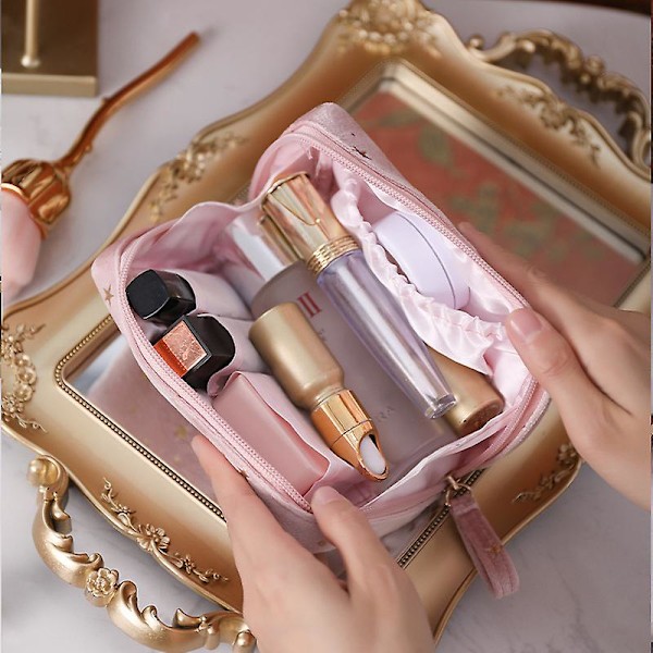 Makeup Taske Fløjl Gyldne Stjerner Blød Lynlås Kosmetiktaske pink