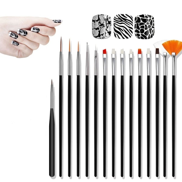 15 st Nagelkonst set prickmålning lack pensel pennverktyg Svart en storlek Black