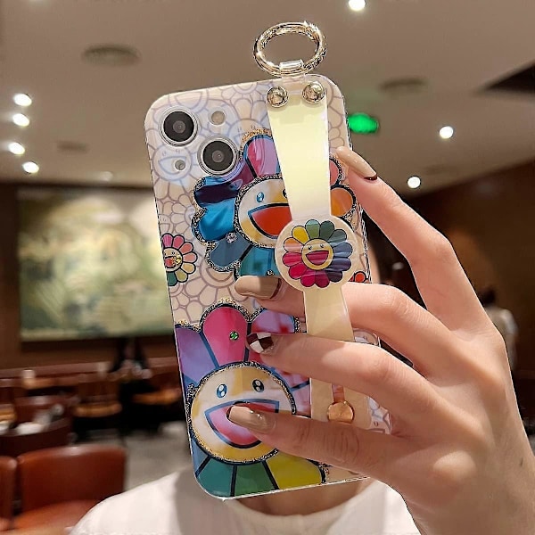 1 st för iPhone 13 Skal Sött med Handledsrem Ställ Glitter Bling Tecknat Mjukt TPU Stötsäkert Skyddande Skal Fodral för Tjejer och Kvinnor - Sunfl