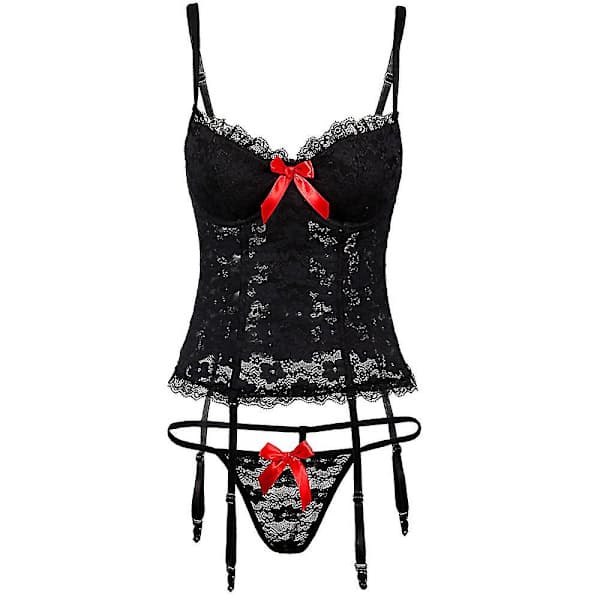Sexiga underkläder för kvinnor Spets Korsett BH String Set Underkläder Svart M Black M