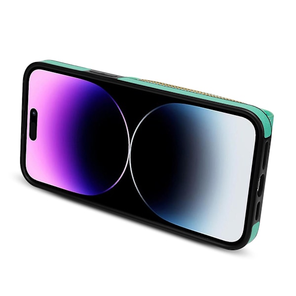 iPhone 14 Pro Max PU-nahka + TPU-jalustalla varustettu puhelinkotelo korttipaikalla ja vetoketjullisella pussilla