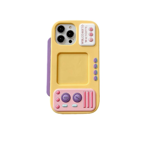 3D Tecknat Mobilskal för iPhone 14, Roligt Retro TV-format Mjukt Skyddsskal för Tjejer Kvinnor (Gul, iPhone 14)