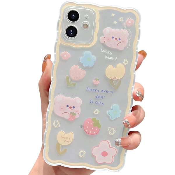 Yhteensopiva iPhone 12 -kotelon kanssa Keltainen aalto Esteettinen Söpö Piirustus Kukka- ja karhukuvio Söpö Kirkas Naiset Tytöt Kawaii Ohut Pehmeä TPU Läpinäkyvä Puhelin