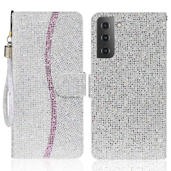 Käännettävä puhelinkotelo, jossa on kimaltavaa jauhetta, kätevä hihna ja tyylikäs lompakkokotelo Samsung Galaxy S22 5G:lle