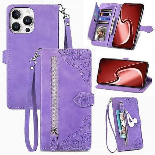 Etui til iPhone 16 Pro Max Wallet Case til Kvinder med Kortholder Præget Blomst Lynlås Pung PU Læder Flip Cover med Aftagelig Lanyard til App
