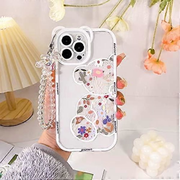 Kompatibel med iPhone 15 Pro Max Deksel Klar Søt Blomst Blomsterbjørn for Jenter Kvinner Mønster med Kjede Lanyard Håndleddsstropp Myk TPU Støtsikker Beskyttelse
