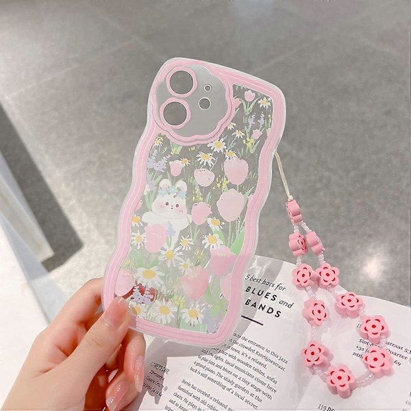Kompatibelt skal för iPhone 12 för kvinnor och flickor, Sött genomskinligt tecknat blommigt kanin med hjärtpärlor - Flower Rabbit2