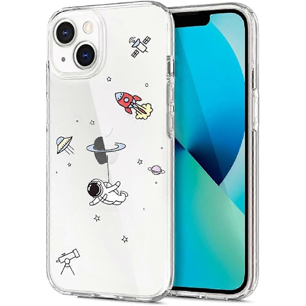 Yhteensopiva iPhone 13 kuori kirkas söpö astronautti ulkoavaruus planeetta tähti luova kuvio, pehmeä TPU iskunkestävä ohut iPhone 13