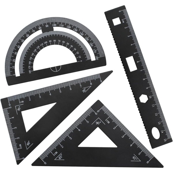 4-delars Linjal Vinkelhake Gradmätare Geometriset med 15cm Linjal Gradmätare och 60°&45° Vinkelhakar för Studentmaterial Aluminiumlegering (Sunmostar