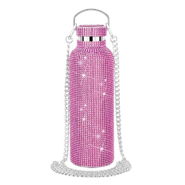 Diamond Vannflaske i Rustfritt Stål, Bærbar Glitter Rhinestone Vannflaske, Skulderveske, Bling Termos 600ml C (FMY) Rosa