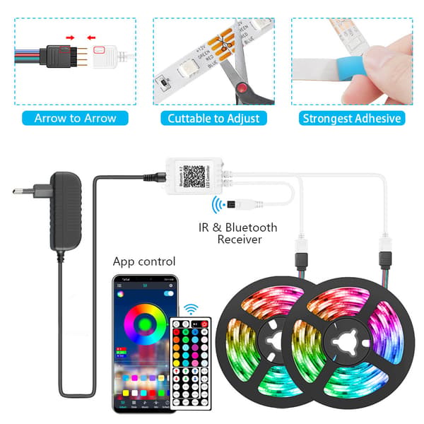 To ruller Bluetooth musik lysstrip sæt 10m 300 lys