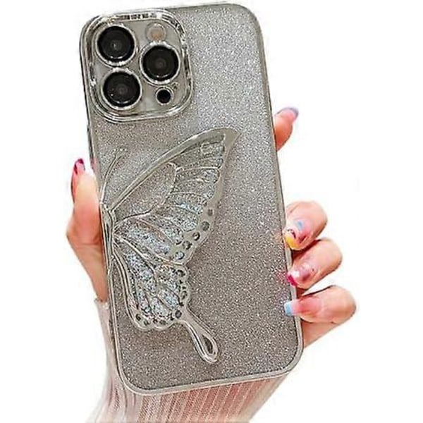 Skal för Kvinnor/Flickor, Gradient Glitter Fjäril Kvicksand Plätering Transparenta Mobilskal för iPhone Kompatibla med iPhone 15 Pro Max, Silver