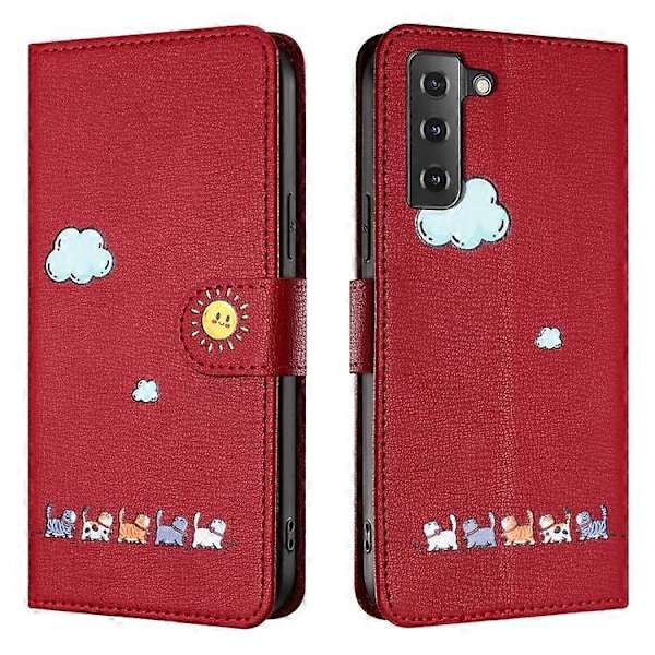 För Samsung Galaxy S22 5G Tecknade Katter Läder Mobiltelefonfodral