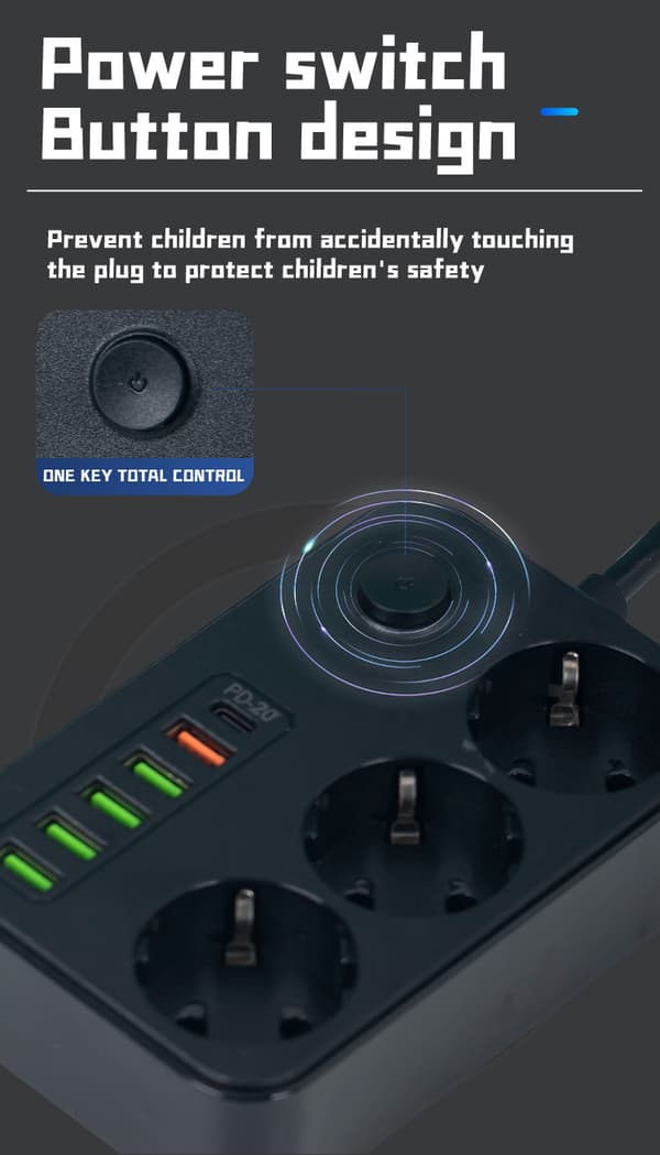 Protect 2 m Stikdåse med USB-C/USB-A Sort
