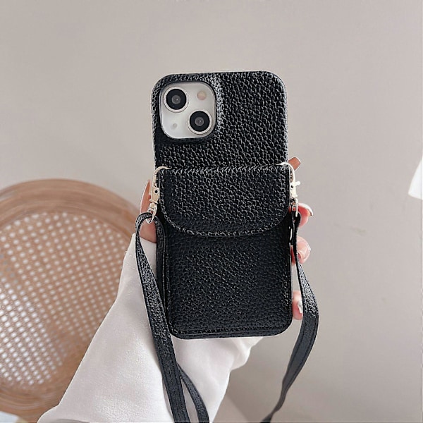 Crossbody-puhelinkotelo iPhone 15:lle, korttipidike PU-nahkapäällysteinen PC-kuori olkahihnalla