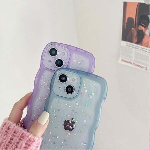 1kpl iPhone 14 -puhelimen kuori 6,1\" Kihara aaltoileva reunamuotoilu Läpinäkyvä Bling Glitter Tähti Kiiltävä Kuori Söpö Kirkas Läpinäkyvä Täysi Suoja Pehmeä Iskunkestävä