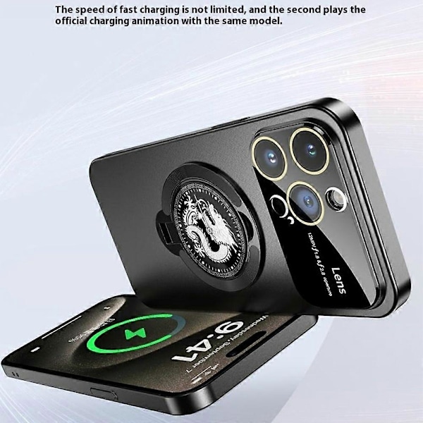 iPhone 15 Pro Max -kotelo, yhteensopiva MagSafe Loong -kuviollisen jalustan kanssa, kumipinnoitettu PC-kuori
