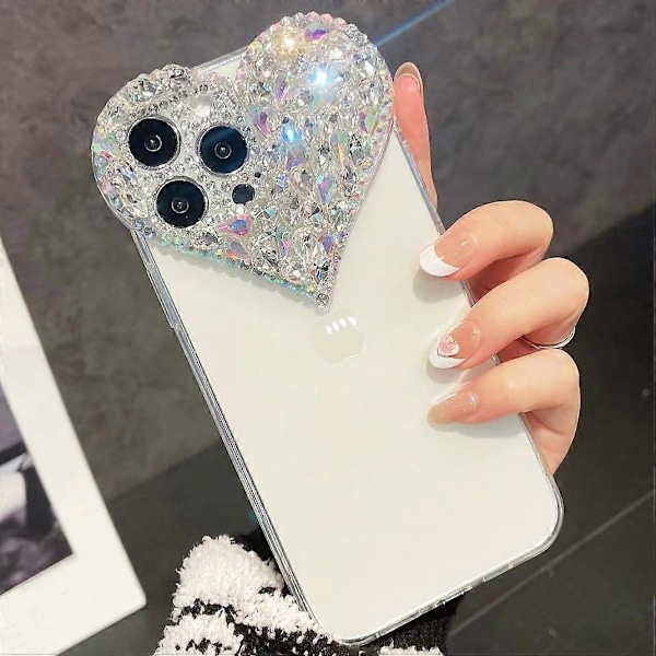 Yhteensopiva iPhone 15 Pro Max -kotelon kanssa naisille ja tytöille, ylellinen bling-strassi 3D-timantti rakkaus -kotelo, söpö vaaleanpunainen glitter-kimallus suojakotelo