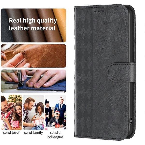 For iPhone 15 Pro Max Rombe-preget PU-Lær Veske Stativ Lommebok Telefondeksel