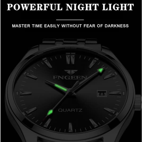 Herreur, Quartz ur, Analog, Vandtæt, Lysende dato, Casual armbåndsur A-Sort A-Sort A-Black