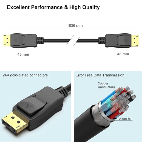1 DisplayPort til DisplayPort, mann til mann videokabel 1,8m kabel, DP til DP mann til mann kabel, støtter 4K@60Hz, 2K@165Hz 1 stk 1pcs