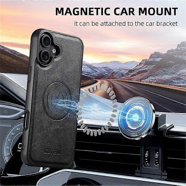 iPhone 16 Plus -puhelimen magneettikotelo korttitaskulla, lehmännahkakuvioinen nahkainen takakuori