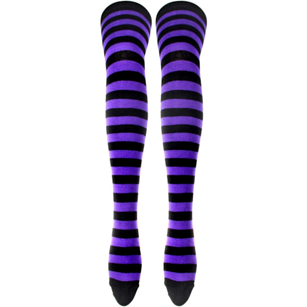 Lange Strikkede Vanter Knæhøje Stribede Sokker Leggings Festkostume Tilbehør 2 Par Sæt, Sort og Lilla, One Size Lilla