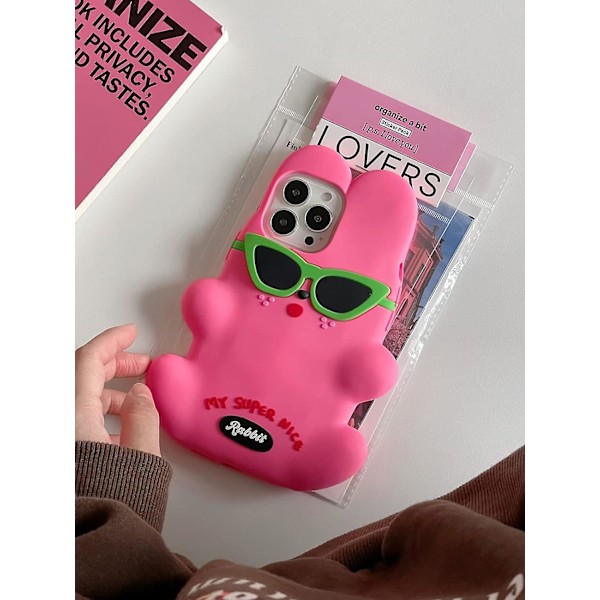 Skal för iPhone 14 Pro Max, sött 3D Kawaii-telefonskal roligt rosa kanin tecknadsskal med gröna solglasögon mjukt silikongel fallskyddsskal Wo