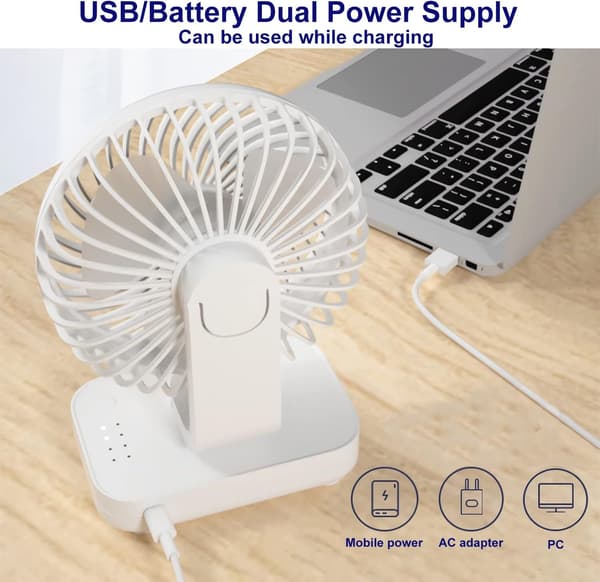 Bordventilator 4 Hastigheder Støjsvag 90° Variabel Mini Bordventilator USB Genopladelig Perfekt til Soveværelse (Hvid)