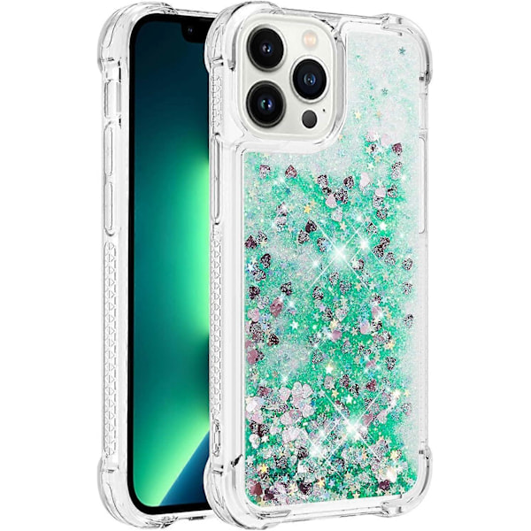 iPhone 13 Pro Max -kotelo, kiiltävä glitteri kimalle liikkuva hiekka kelluva nestemäinen kirkas läpinäkyvä pehmeä TPU silikoni suojapuskuri iskunkestävä, vihreä