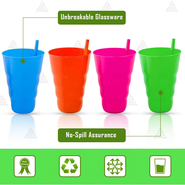 Dricksglas Set - Plastglas med Sugrör - Perfekt för Barns Drycker - 4-pack [ Blandade Färger ]