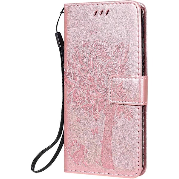 iPhone 12 Pro (6,1 tommer) Etui, PU Læder Wallet Etui, Stødsikkert Flip Etui Cover Retro Præget Kat og Træ Serie til iPhone 12 Pro (6,1 tommer) - Rose