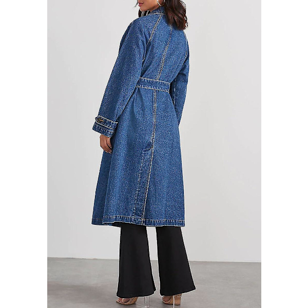 Naisten vintage-tyylinen pitkä farkkutakki, väljä malli, kaksirivinen denim-takki, trenssi vyöllä, deniminsininen