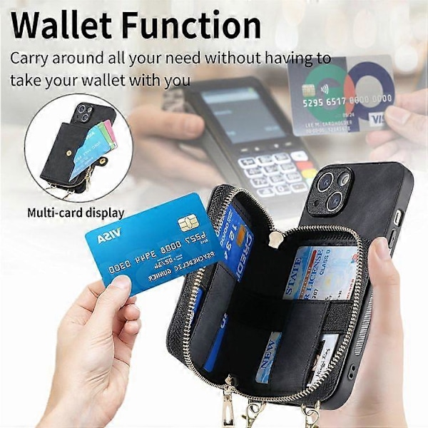 Crossbody Multifunktionell Plånboksfodral med Dragkedja för iPhone 15