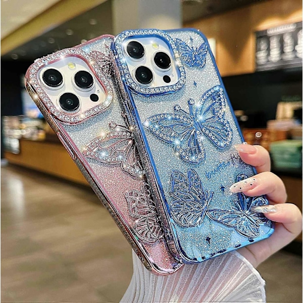 iPhone 16 Pro -kotelo strassikoristeilla, 3D-perhosella ja TPU-puhelinkuorella sekä glitterpaperilla