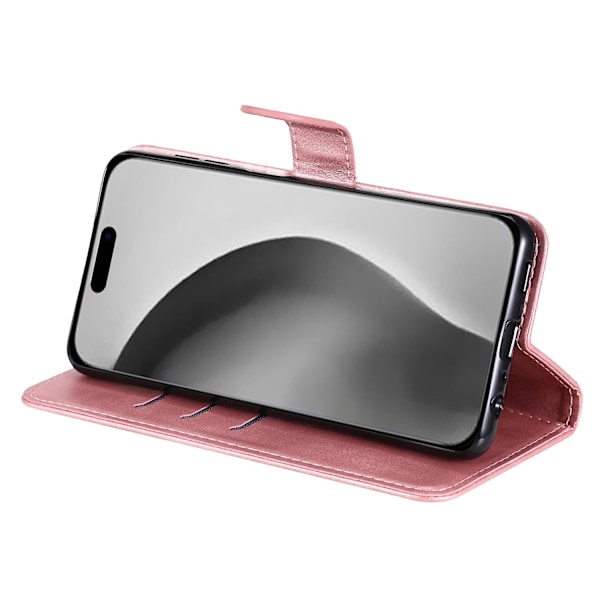 Fodral för iPhone 16 Pro Max med dragkedjeficka, flip, stöttåligt läderfodral - Rosa
