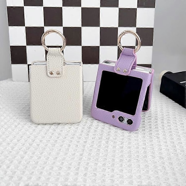 För Samsung Galaxy Z Flip5 5G Litchi Läder Ring Stötsäkert Mobilskal