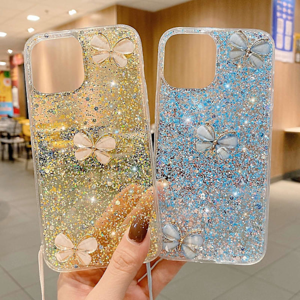 Stjärnklart Paljett Jadefjäril Epoxi TPU-telefonfodral med Rem för iPhone 12 Pro Max