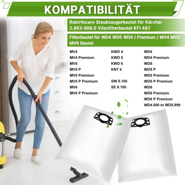 15 kpl Kuitukangaspölypussit Kärcher 2.863-006.0 KFI 487 -korvauspussit WD4 WD5 WD6 WD5P WD6P Premium MV4 MV5 MV6 -suodatinpussit