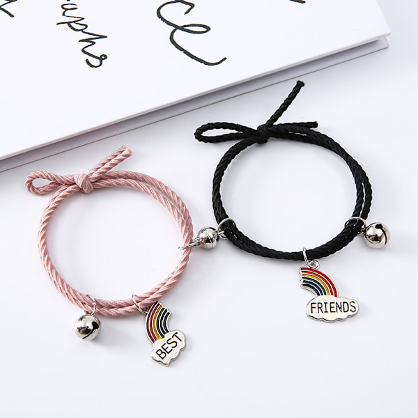 2 stk. Regnbuebjelle Bestevenn Armbånd Tau Enkel Regnbue pink black