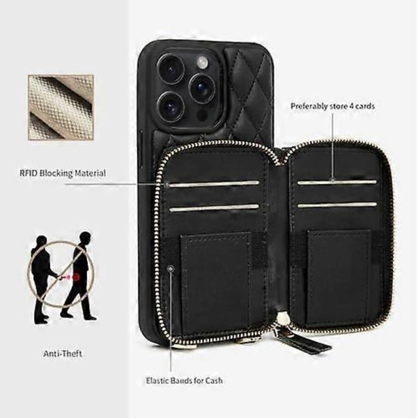 Plånboksfodral för iPhone 15 Pro Max 6.7\", Lyxigt Lamb-mönstrat Quiltat Läder Crossbody Mobilskal med Kortfack med Dragkedja och RFID-skydd för Kvinnor