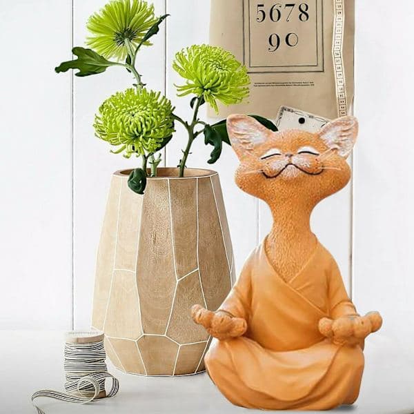 Grå Zen Kat Figur - Meditations Yoga Kat, Afslappet Pose Boligindretning