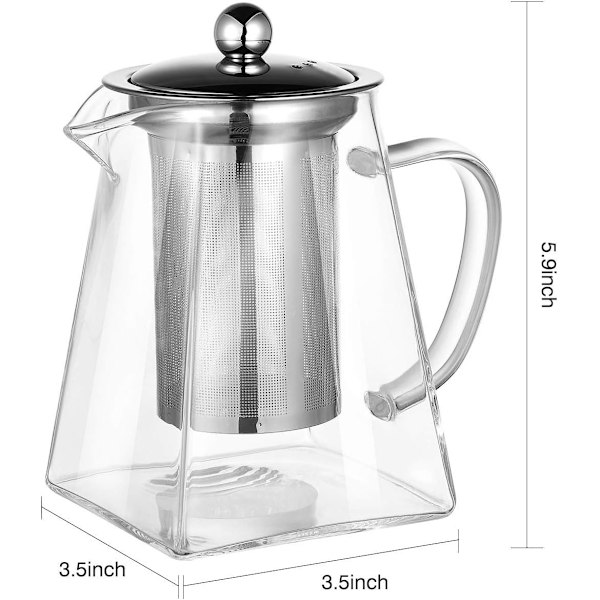 Firkantet tekande i glas med si, 700 ml borosilikat tekande til løs te, klar tekande med si til mikroovn og komfur 700ml