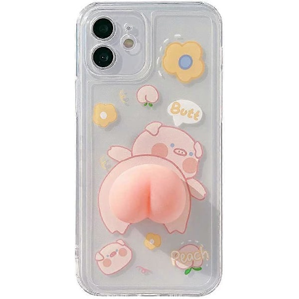 Telefonfodral för iPhone 11 Pro Max, Roligt Nytänkande Vinkande 3D Klämbar Persika Rumpa Rosa Griskulting Glad Gris Fodral Transparent Mjukt TPU Silikon Gummi Fodral He